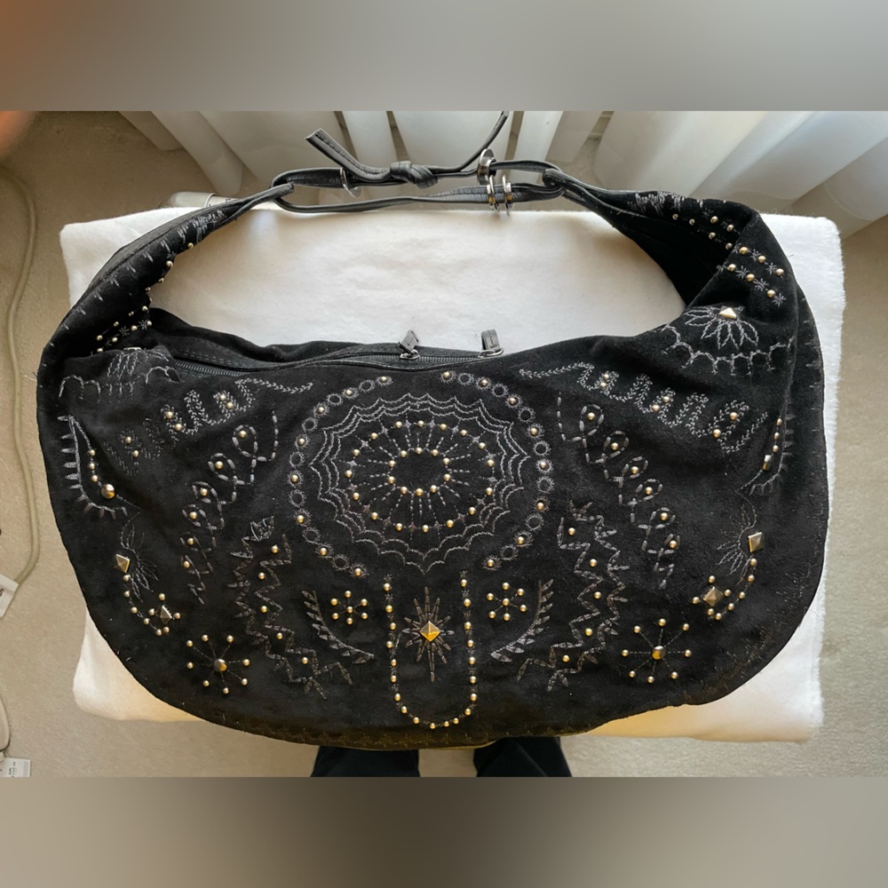 EUC  COUTURE DONALD PLINER HANDBAG.  Black with silver colored studding.